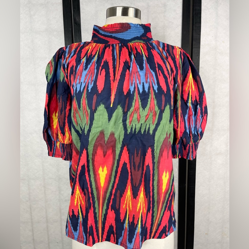 High-Neck Multicolor Puff Sleeve Blouse - Navy Base